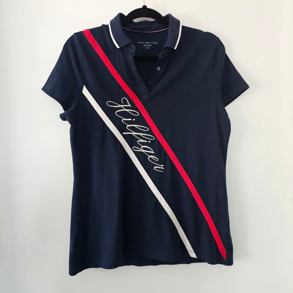 Tommy Hilfiger Women’s Polo Shirt Sz L Color Block Cursive Logo Blue Red